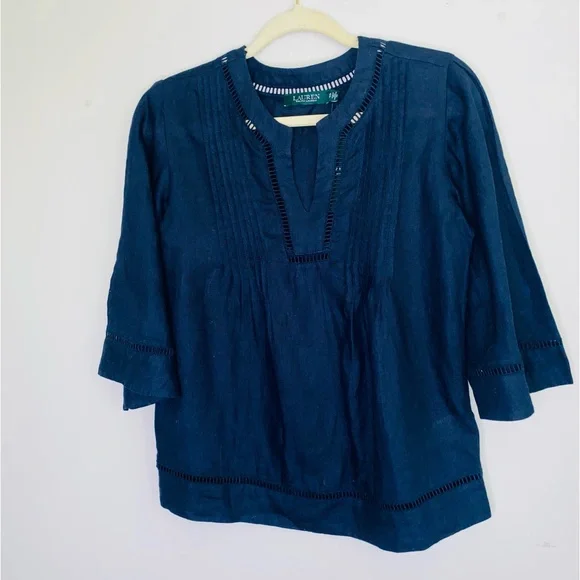 Lauren Ralph Lauren Women's Shirt Tunic Top, Split Round Neck Blouse 100% Linen - Picture 5 of 5